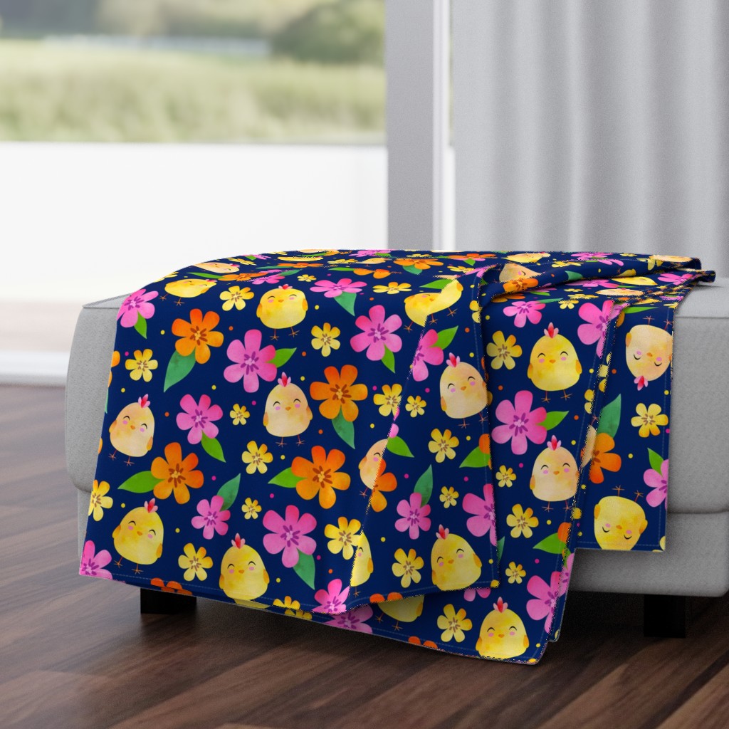 Large Scale Yellow Baby Farm Chick Peeps and Flowers on Dark Blue Background