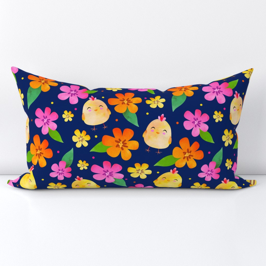 Large Scale Yellow Baby Farm Chick Peeps and Flowers on Dark Blue Background