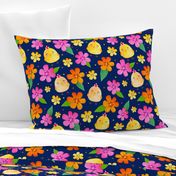 Large Scale Yellow Baby Farm Chick Peeps and Flowers on Dark Blue Background