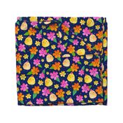 Large Scale Yellow Baby Farm Chick Peeps and Flowers on Dark Blue Background