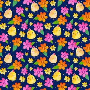 Medium Scale Yellow Baby Farm Chick Peeps and Flowers on Dark Blue Background