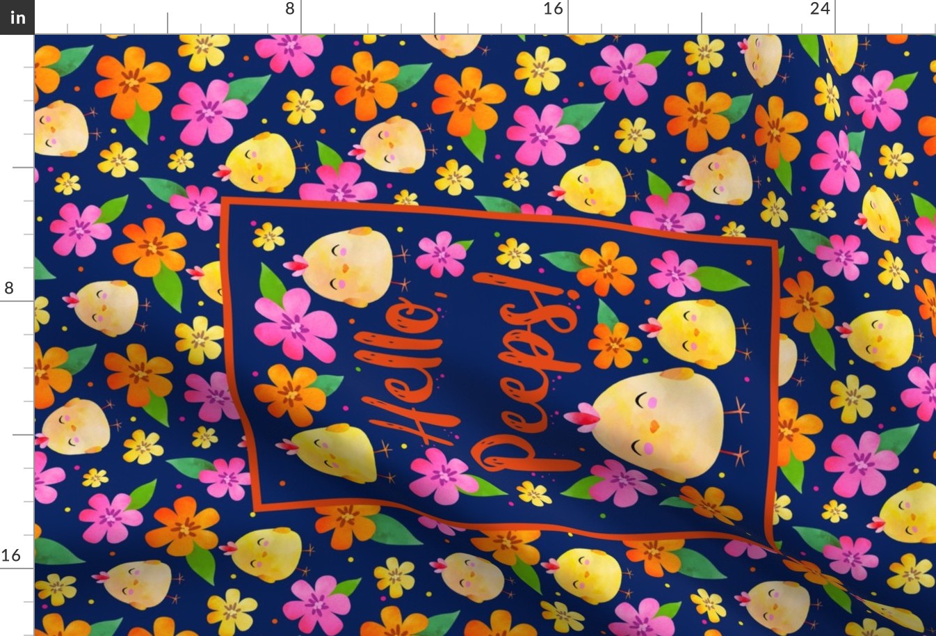 Large 27x18 Fat Quarter Panel Hello, Peeps! Yellow Baby Farm Chicks and Flowers for Wall Hanging Art or Tea Towel on Dark Blue Background