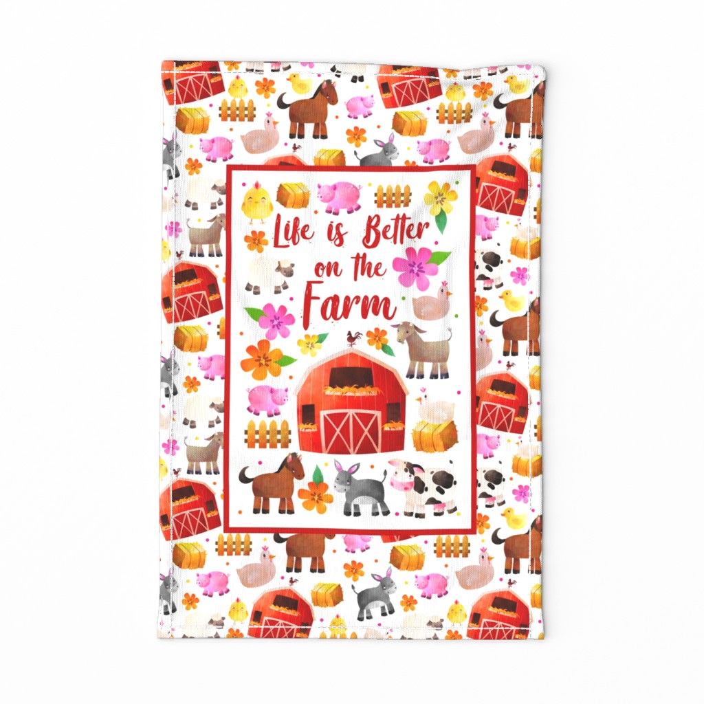 Large 27x18 Fat Quarter Panel Life Is Better On the Farm for Wall Hanging Art or Tea Towel on White Background 