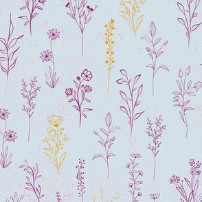 Mauve and yellow Flowers Line Art with light blue background