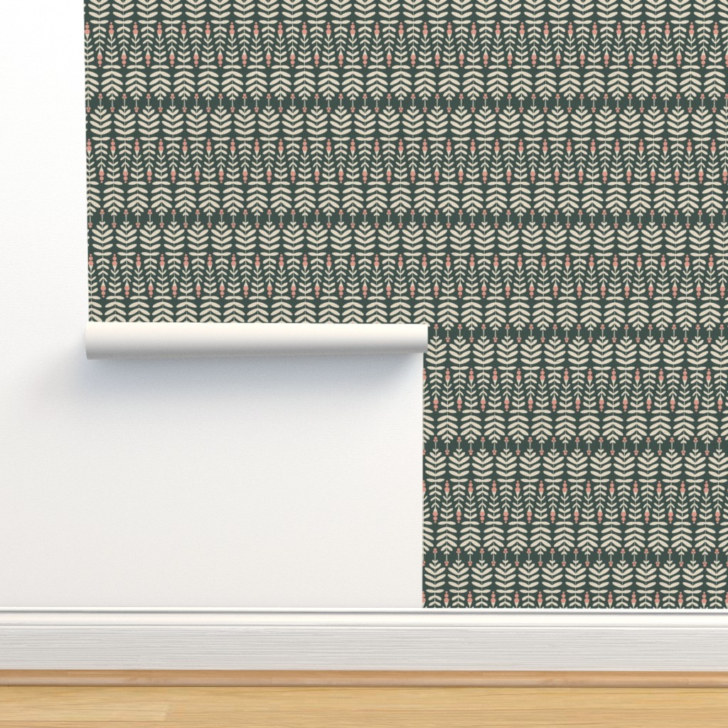 Folk Leaves Teal-Offwhite by DEINKI (Small Scale)