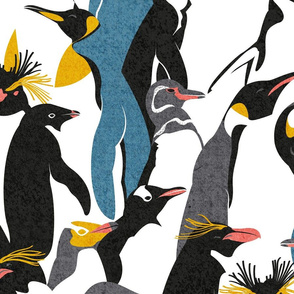 Large jumbo scale // We love penguins // black white grey dark teal yellow and coral type species of penguins (King, African, Emperor, Gentoo, Galápagos, Macaroni, Adèlie, Rockhopper, Yellow-eyed, Chinstrap)