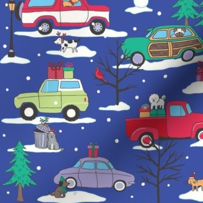 Cute Dogs and cats Christmas holiday  kids cars  winter snow night dark blue trees 