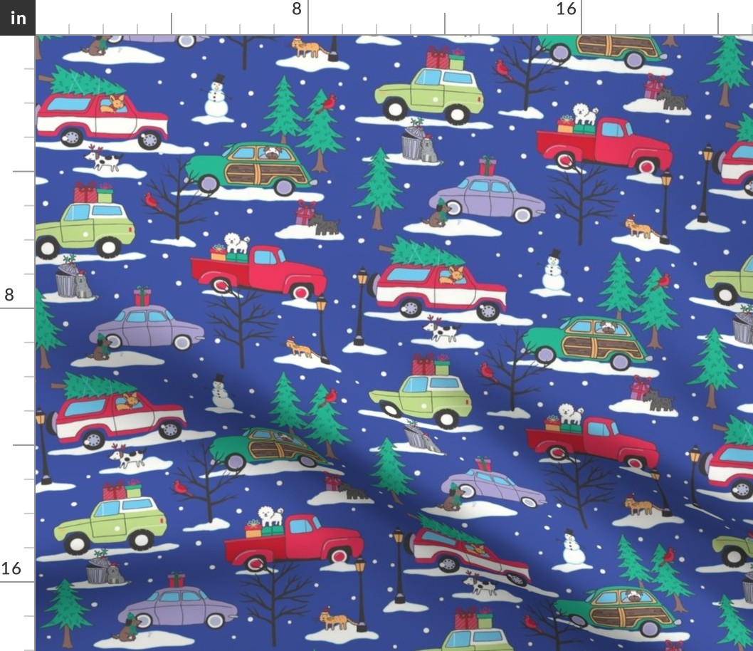 Cute Dogs and cats Christmas holiday  kids cars  winter snow night dark blue trees 