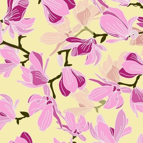 Botanical Pink Magnolias on Summer Yellow 