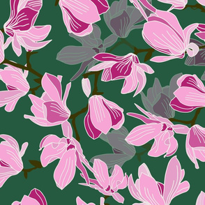 Botanical Pink Magnolias on dark green