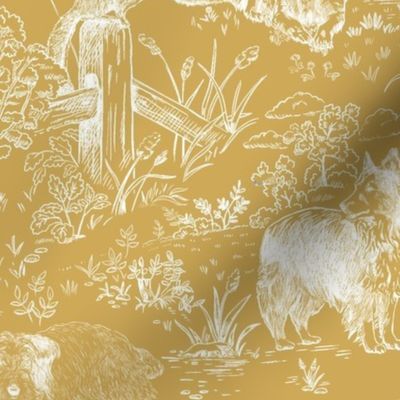Country Dog Toile White on Mustard