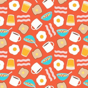 (small scale) breakfast time - breakfast food - eggs, bacon, coffee, cereal - orange - LAD21