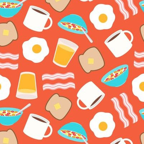 breakfast time - breakfast food - eggs, bacon, coffee, cereal - orange - LAD21