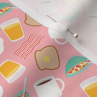 (small scale) breakfast time - breakfast food - eggs, bacon, coffee, cereal - pink - LAD21