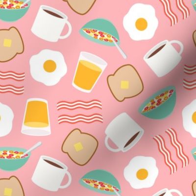 breakfast time - breakfast food - eggs, bacon, coffee, cereal - pink - LAD21