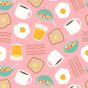 breakfast time - breakfast food - eggs, bacon, coffee, cereal - pink - LAD21