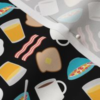 (small scale) breakfast time - breakfast food - eggs, bacon, coffee, cereal - black - LAD21