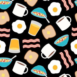 breakfast time - breakfast food - eggs, bacon, coffee, cereal - black - LAD21