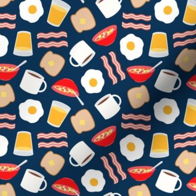 (small scale) breakfast time - breakfast food - eggs, bacon, coffee, cereal - navy - LAD21