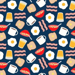 (small scale) breakfast time - breakfast food - eggs, bacon, coffee, cereal - navy - LAD21