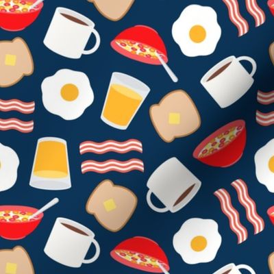 breakfast time - breakfast food - eggs, bacon, coffee, cereal - navy - LAD21