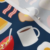breakfast time - breakfast food - eggs, bacon, coffee, cereal - navy - LAD21