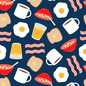 breakfast time - breakfast food - eggs, bacon, coffee, cereal - navy - LAD21