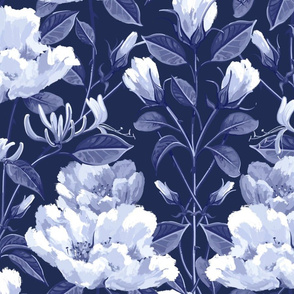 Honeysuckle Rose Damask - Deep Blue