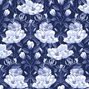 Honeysuckle Rose Damask Sm | Deep Blue