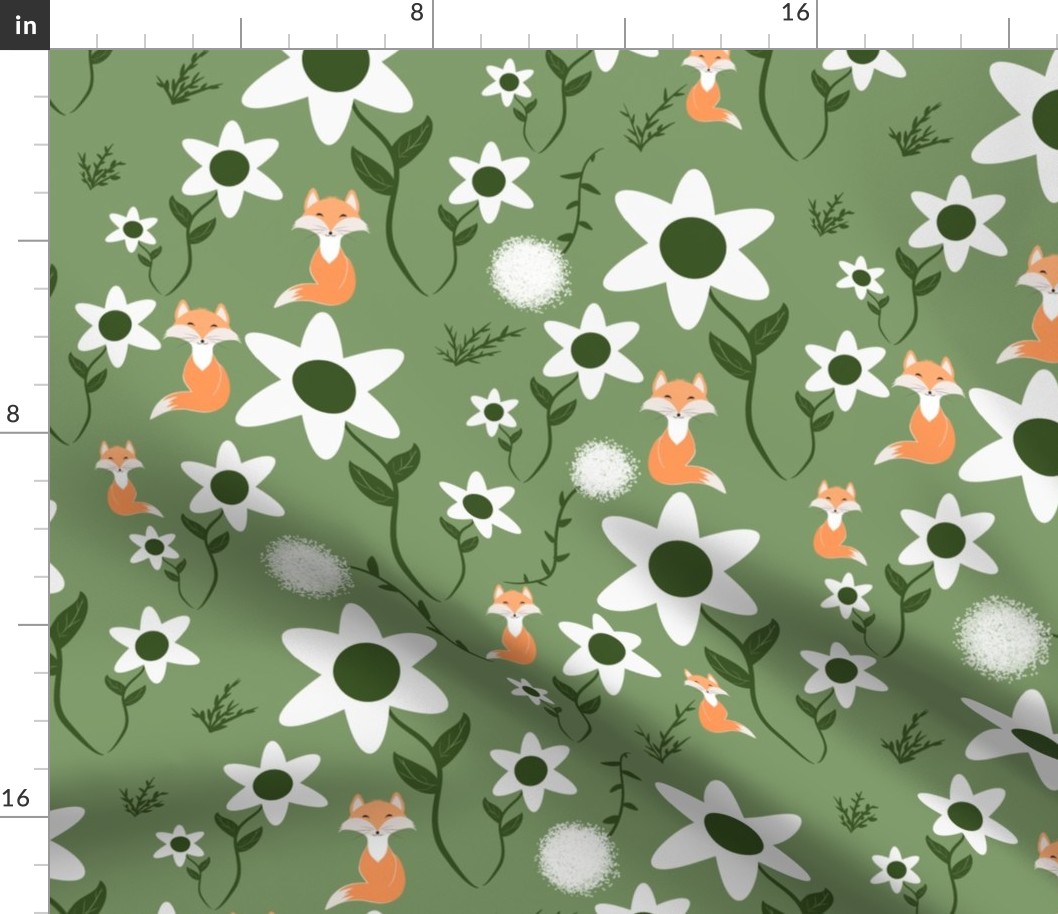 Large scale foxes and floral in Green