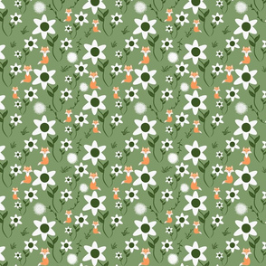 Medium scale foxes and floral in Green