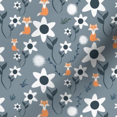 Medium scale foxes and floral in Gray