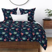 Rain season, flora by tropics, tropical, pink flamingo, flamingos, flamingo design, flamingo pattern, tropical palms, whimsical, bohemian, palms, dark blue, navy, flamingo.