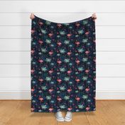 Rain season, flora by tropics, tropical, pink flamingo, flamingos, flamingo design, flamingo pattern, tropical palms, whimsical, bohemian, palms, dark blue, navy, flamingo.