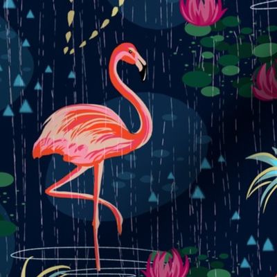 Rain season, flora by tropics, tropical, pink flamingo, flamingos, flamingo design, flamingo pattern, tropical palms, whimsical, bohemian, palms, dark blue, navy, flamingo.