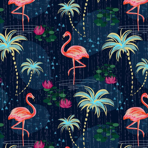 Rain season, flora by tropics, tropical, pink flamingo, flamingos, flamingo design, flamingo pattern, tropical palms, whimsical, bohemian, palms, dark blue, navy, flamingo.