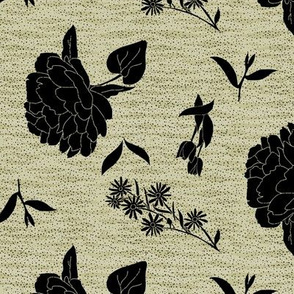Peony Aster and Tulip Tossed Black Silhouettes on Beige Texture