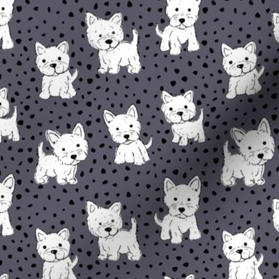 Little kawaii westie puppies adorable dogs print in hand drawn messy style with dots kids nursery design cool gray