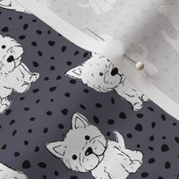 Little kawaii westie puppies adorable dogs print in hand drawn messy style with dots kids nursery design cool gray