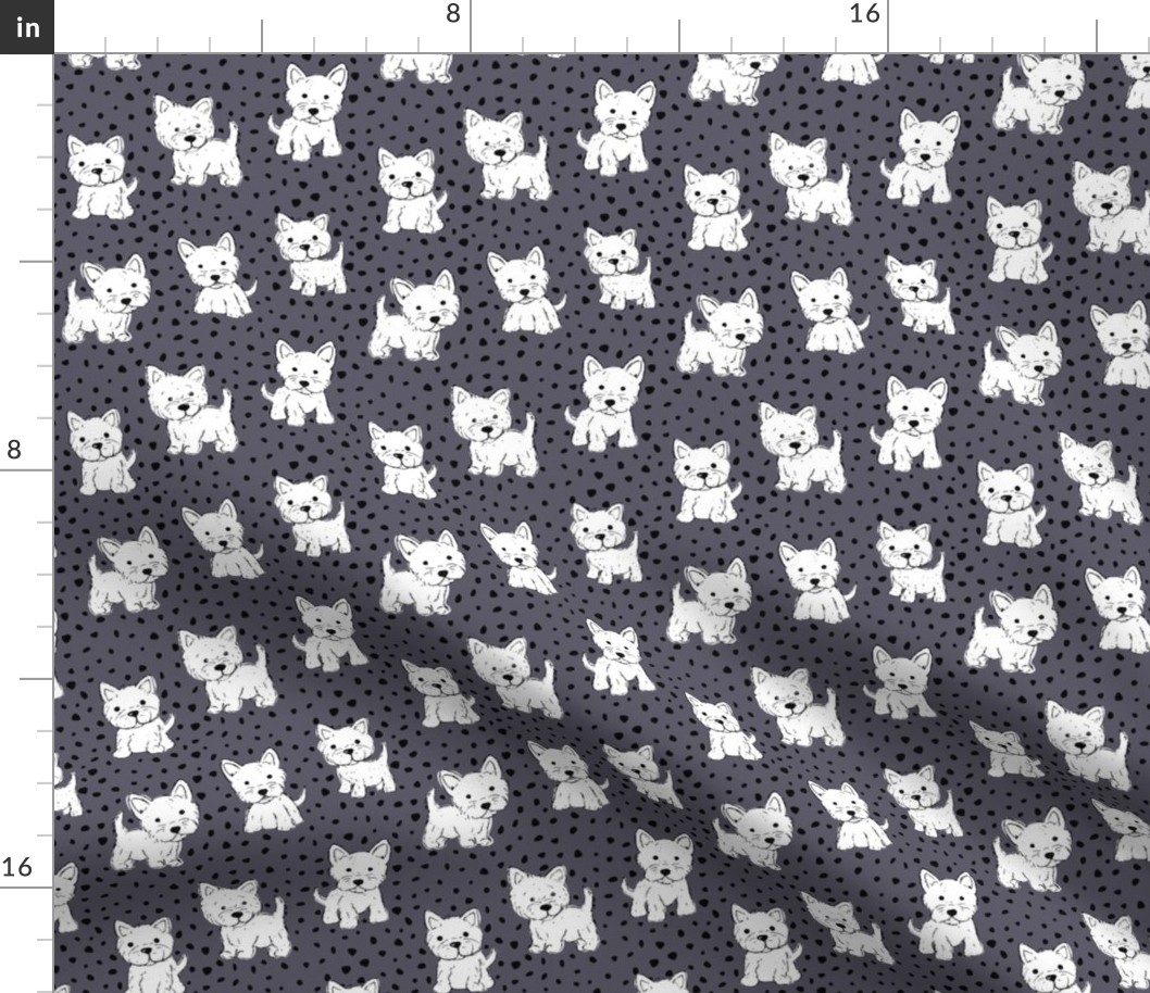 Little kawaii westie puppies adorable dogs print in hand drawn messy style with dots kids nursery design cool gray