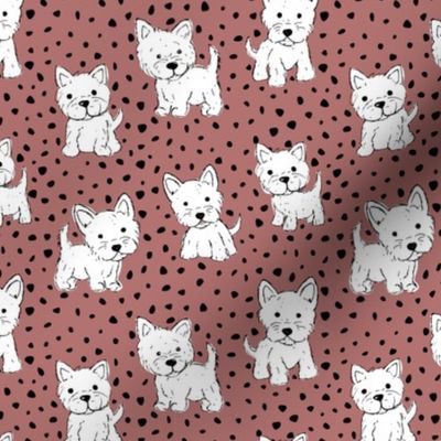 Little kawaii westie puppies adorable dogs print in hand drawn messy style with dots kids nursery design stone red white