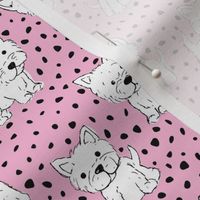 Little kawaii westie puppies adorable dogs print in hand drawn messy style with dots kids nursery design pink white