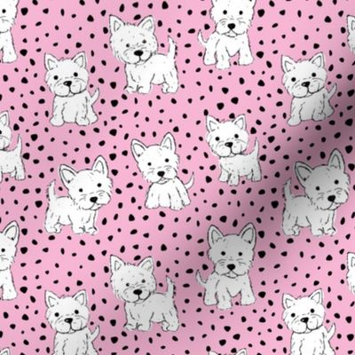 Little kawaii westie puppies adorable dogs print in hand drawn messy style with dots kids nursery design pink white