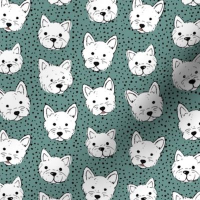 Adorable little west highland terrier hand drawn Westie dogs puppies and dots sea green white