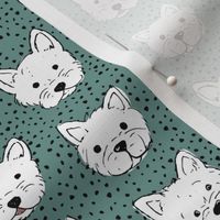 Adorable little west highland terrier hand drawn Westie dogs puppies and dots sea green white