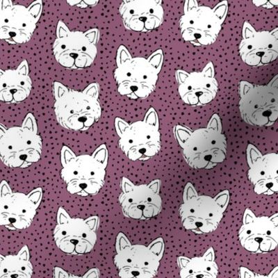 Adorable little west highland terrier hand drawn Westie dogs puppies and dots egg plant purple white