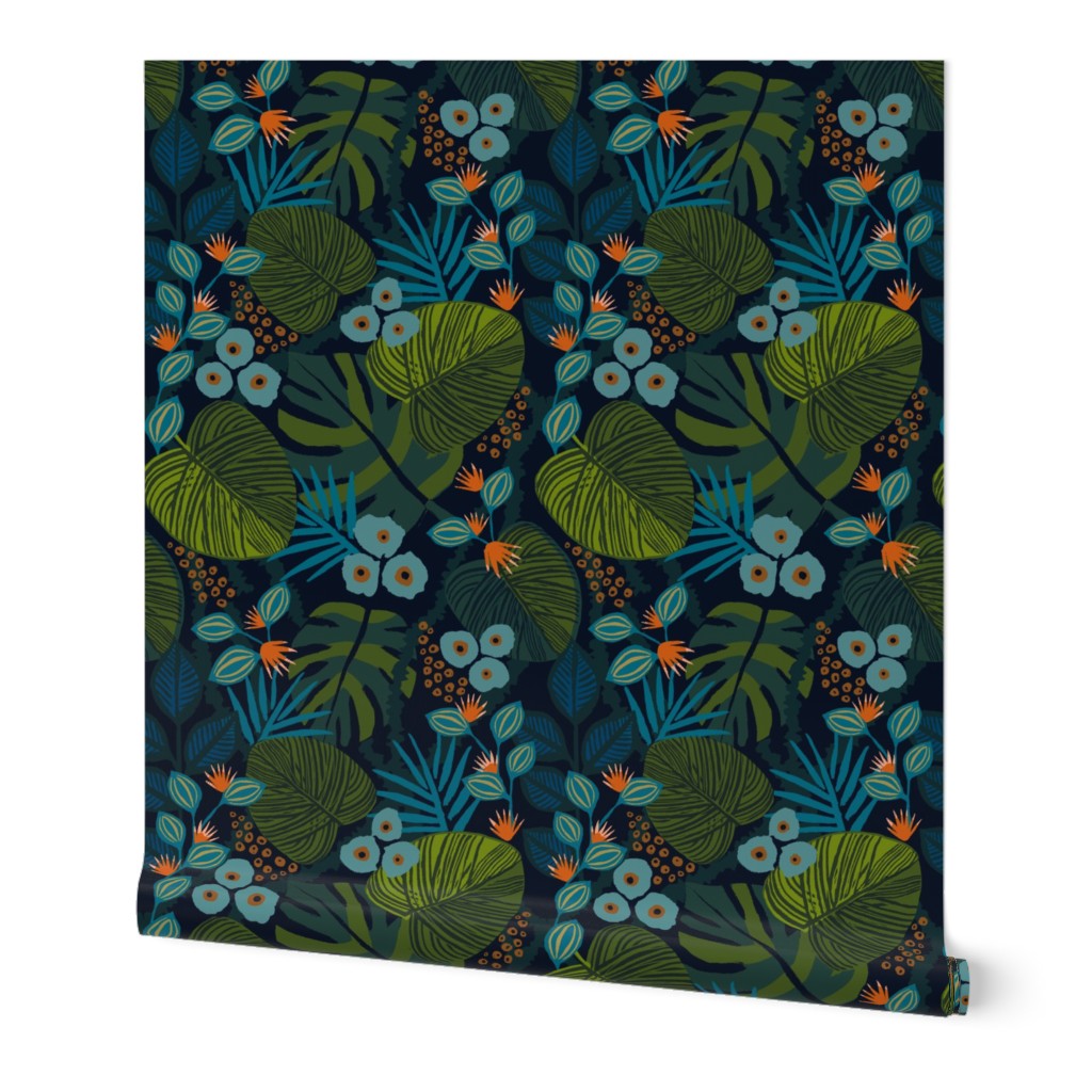 Moody Tropical Floral - Blue Navy Teal - Wallpaper | Spoonflower