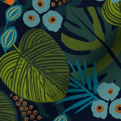 Moody Tropical Floral - Blue Navy Teal - Large