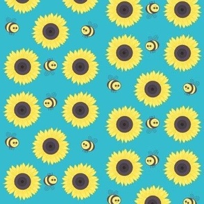 Sunflowers and bees on turquoise