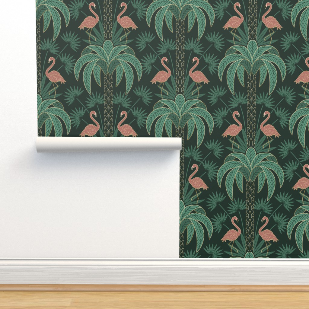 Palm Trees and Flamingo - Art Deco Wallpaper | Spoonflower